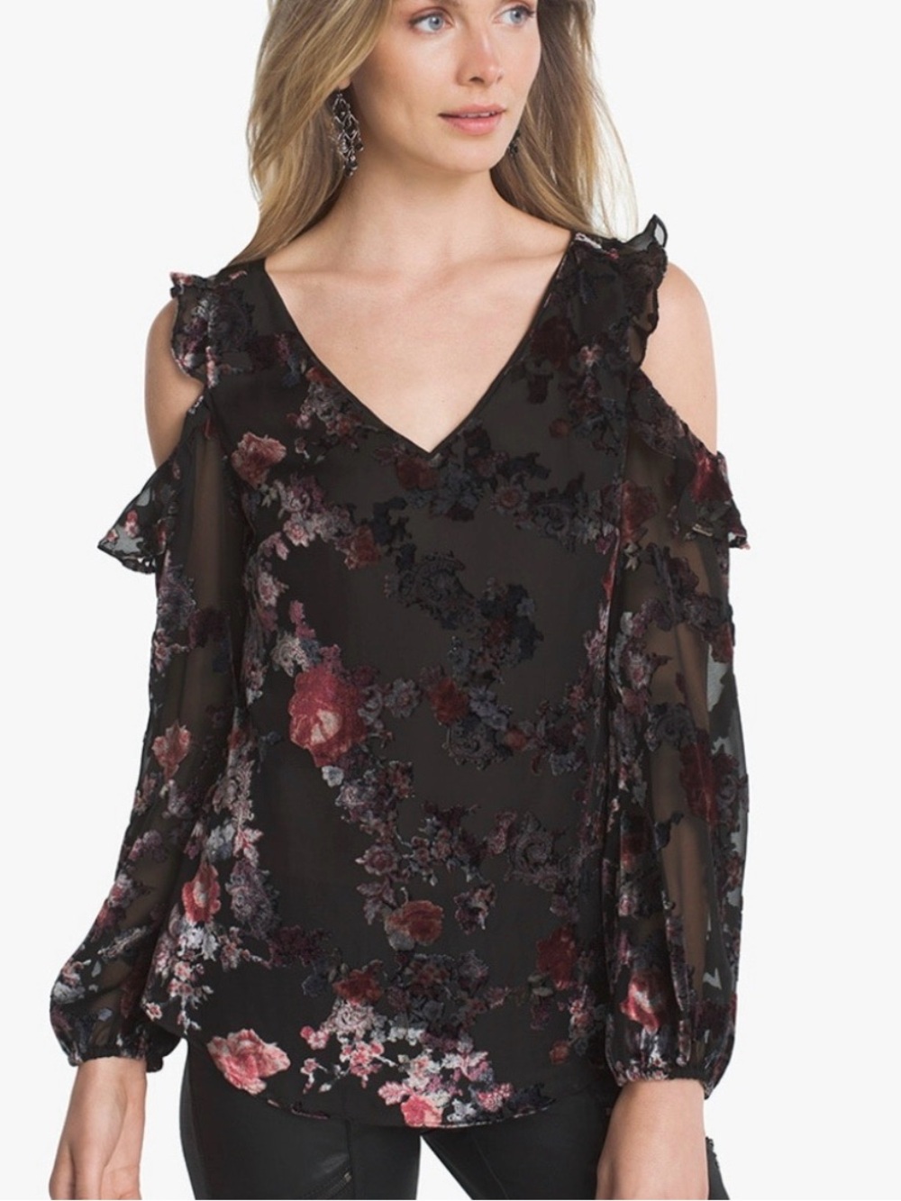 White House Black Market Black Floral Velvet Burnout Cold-Shoulder Blouse